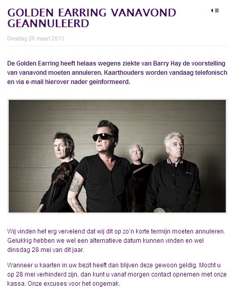 Golden Earring postponed show announcement March 26, 2013 Zoetermeer - Stadstheater